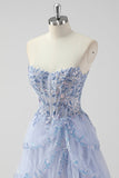 Lavender A Line Strapless Sequins Corset Tiered Formal Dress with Slit
