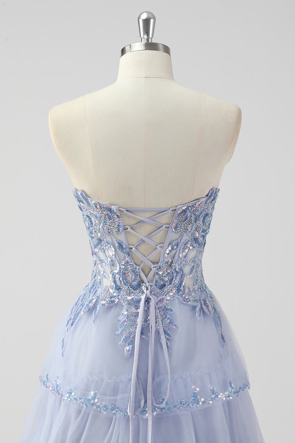 Lavender A Line Strapless Sequins Corset Tiered Formal Dress with Slit