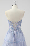 Lavender A Line Strapless Sequins Corset Tiered Formal Dress with Slit