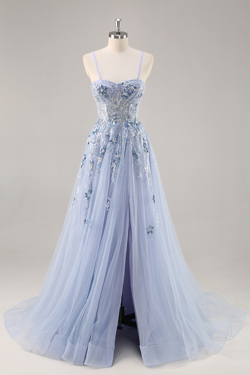 Sparkly Blue A Line Sequined Tulle Corset Long Formal Dress with Slit