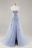 Sparkly Blue A Line Sequined Tulle Corset Long Formal Dress with Slit