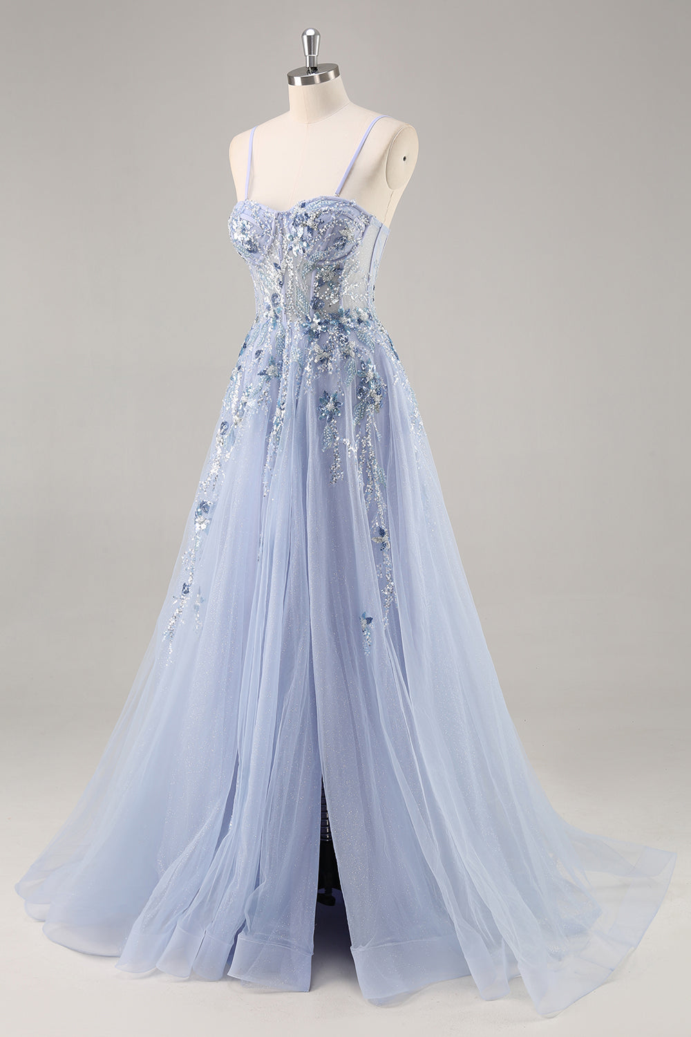 Sparkly Blue A Line Sequined Tulle Corset Long Formal Dress with Slit