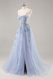 Sparkly Blue A Line Sequined Tulle Corset Long Formal Dress with Slit