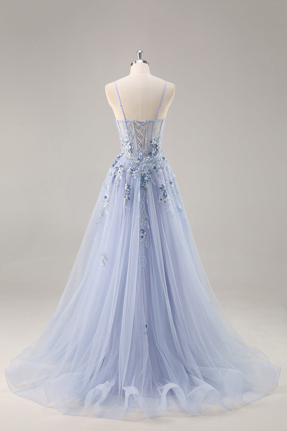 Sparkly Blue A Line Sequined Tulle Corset Long Formal Dress with Slit
