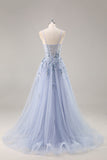 Sparkly Blue A Line Sequined Tulle Corset Long Formal Dress with Slit