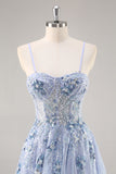 Sparkly Blue A Line Sequined Tulle Corset Long Formal Dress with Slit
