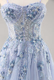 Sparkly Blue A Line Sequined Tulle Corset Long Formal Dress with Slit