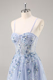 Sparkly Blue A Line Sequined Tulle Corset Long Formal Dress with Slit
