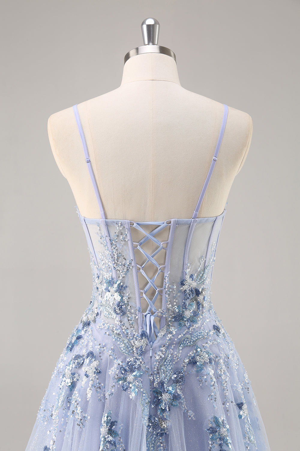Sparkly Blue A Line Sequined Tulle Corset Long Formal Dress with Slit