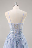 Sparkly Blue A Line Sequined Tulle Corset Long Formal Dress with Slit