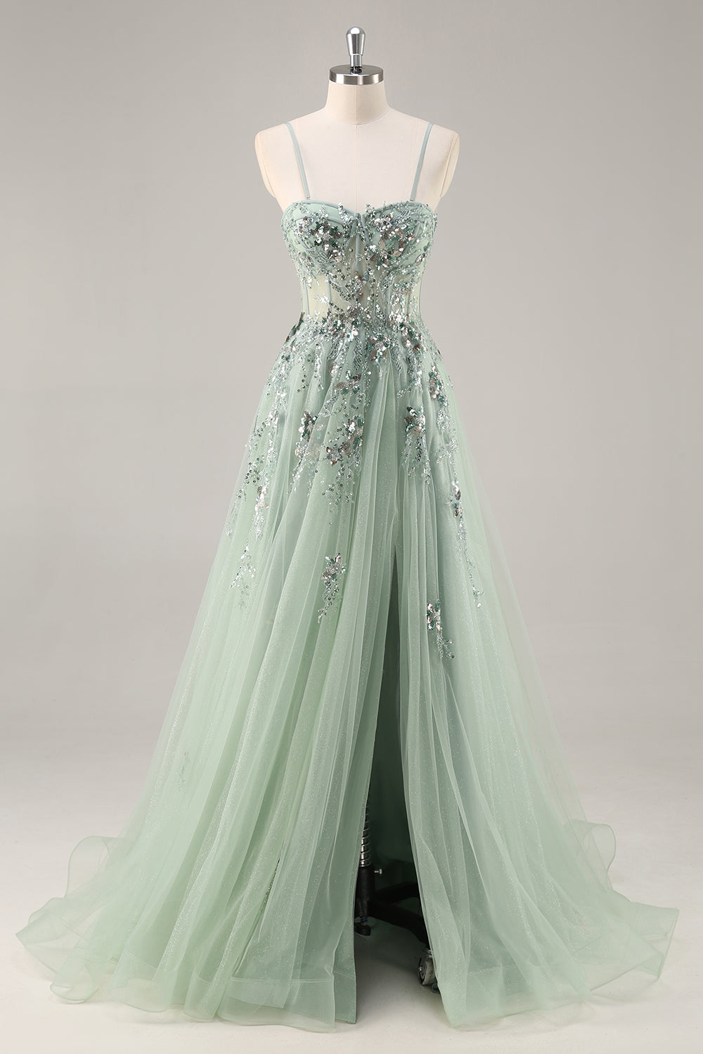 Sparkly Blue A Line Sequined Tulle Corset Long Formal Dress with Slit