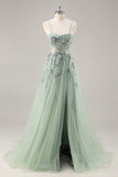 Sparkly Blue A Line Sequined Tulle Corset Long Formal Dress with Slit