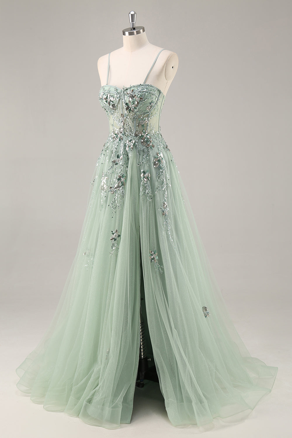 Sparkly Blue A Line Sequined Tulle Corset Long Formal Dress with Slit