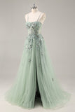 Sparkly Blue A Line Sequined Tulle Corset Long Formal Dress with Slit