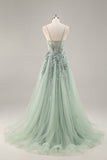 Sparkly Blue A Line Sequined Tulle Corset Long Formal Dress with Slit