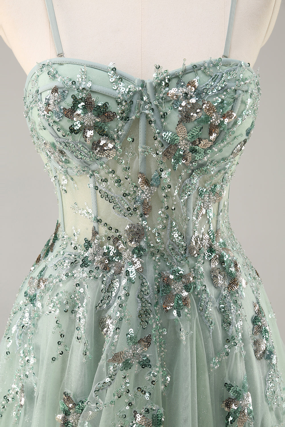 Sparkly Blue A Line Sequined Tulle Corset Long Formal Dress with Slit