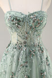 Sparkly Blue A Line Sequined Tulle Corset Long Formal Dress with Slit