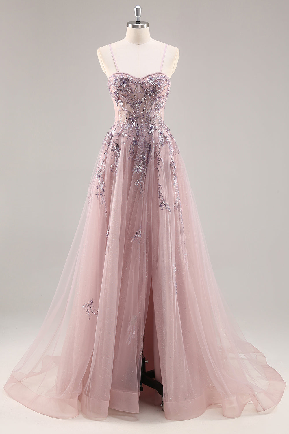 Sparkly Blue A Line Sequined Tulle Corset Long Formal Dress with Slit