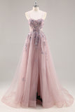 Sparkly Blue A Line Sequined Tulle Corset Long Formal Dress with Slit