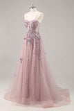 Sparkly Blue A Line Sequined Tulle Corset Long Formal Dress with Slit
