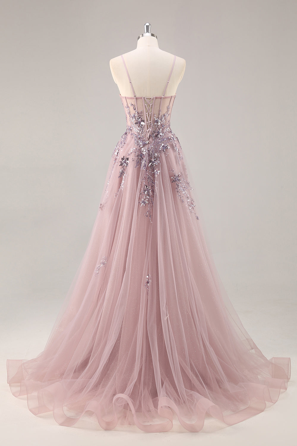 Sparkly Blue A Line Sequined Tulle Corset Long Formal Dress with Slit