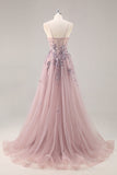 Sparkly Blue A Line Sequined Tulle Corset Long Formal Dress with Slit