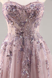 Sparkly Blue A Line Sequined Tulle Corset Long Formal Dress with Slit