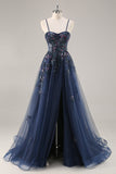 Sparkly Blue A Line Sequined Tulle Corset Long Formal Dress with Slit