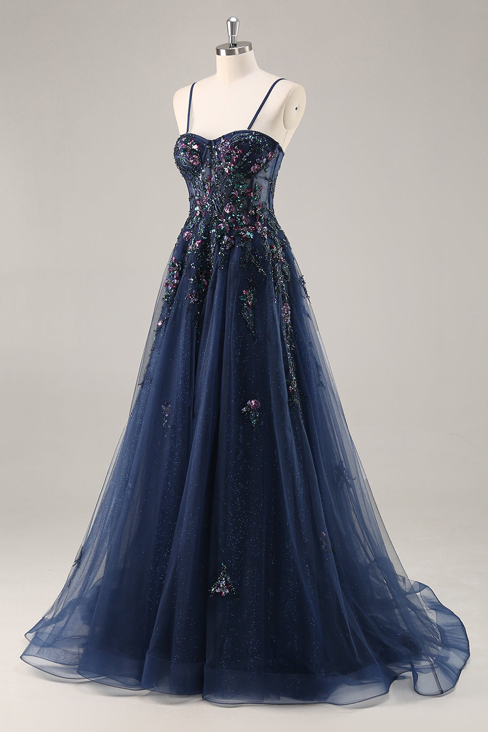 Sparkly Blue A Line Sequined Tulle Corset Long Formal Dress with Slit