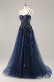 Sparkly Blue A Line Sequined Tulle Corset Long Formal Dress with Slit