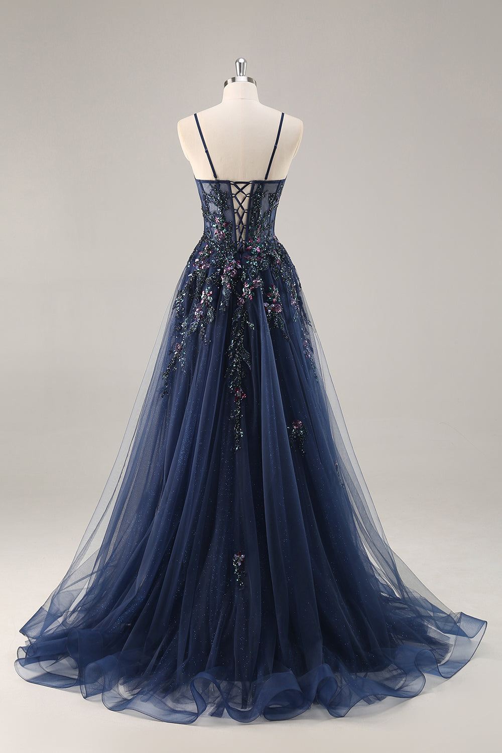 Sparkly Blue A Line Sequined Tulle Corset Long Formal Dress with Slit