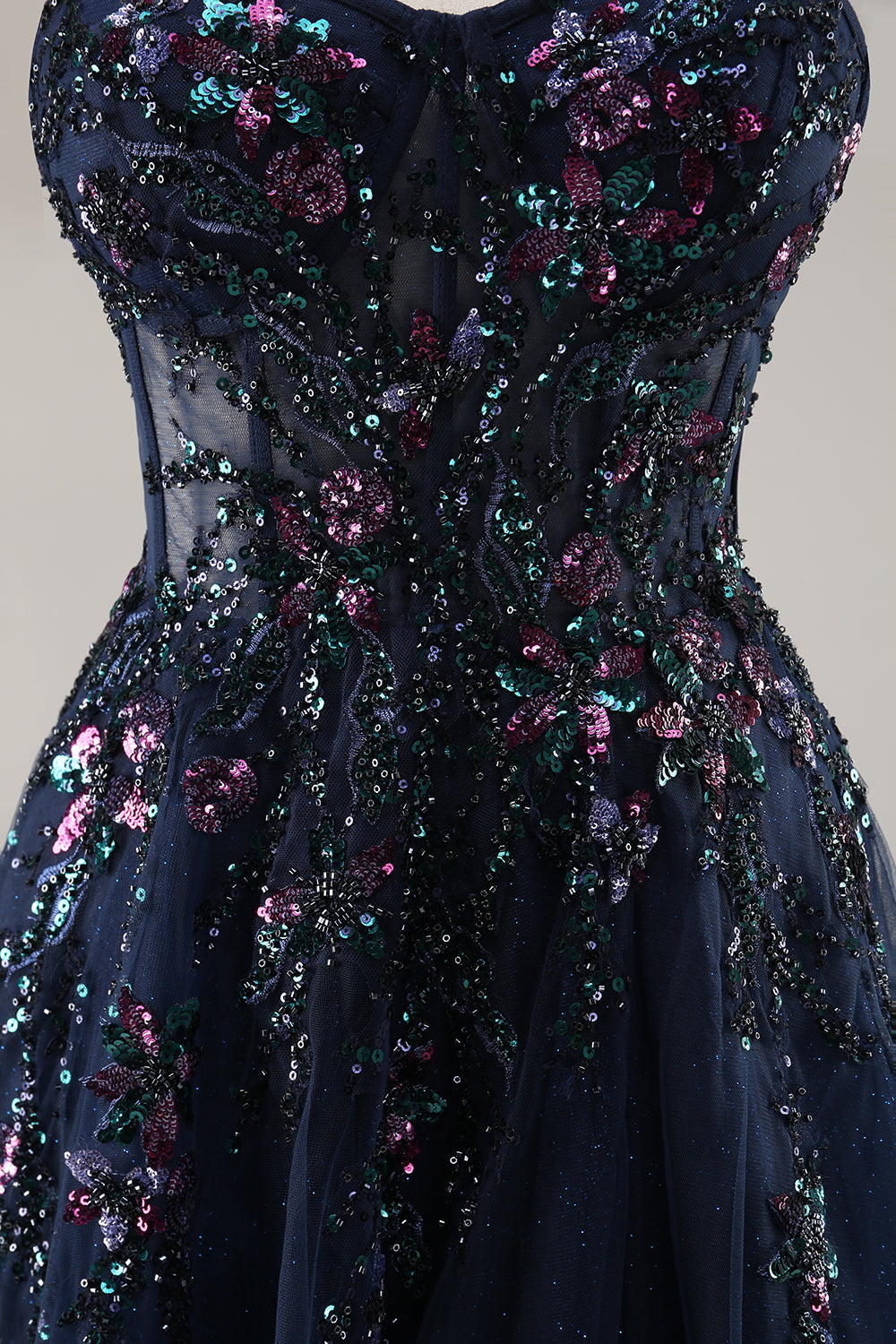 Sparkly Blue A Line Sequined Tulle Corset Long Formal Dress with Slit