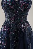 Sparkly Blue A Line Sequined Tulle Corset Long Formal Dress with Slit