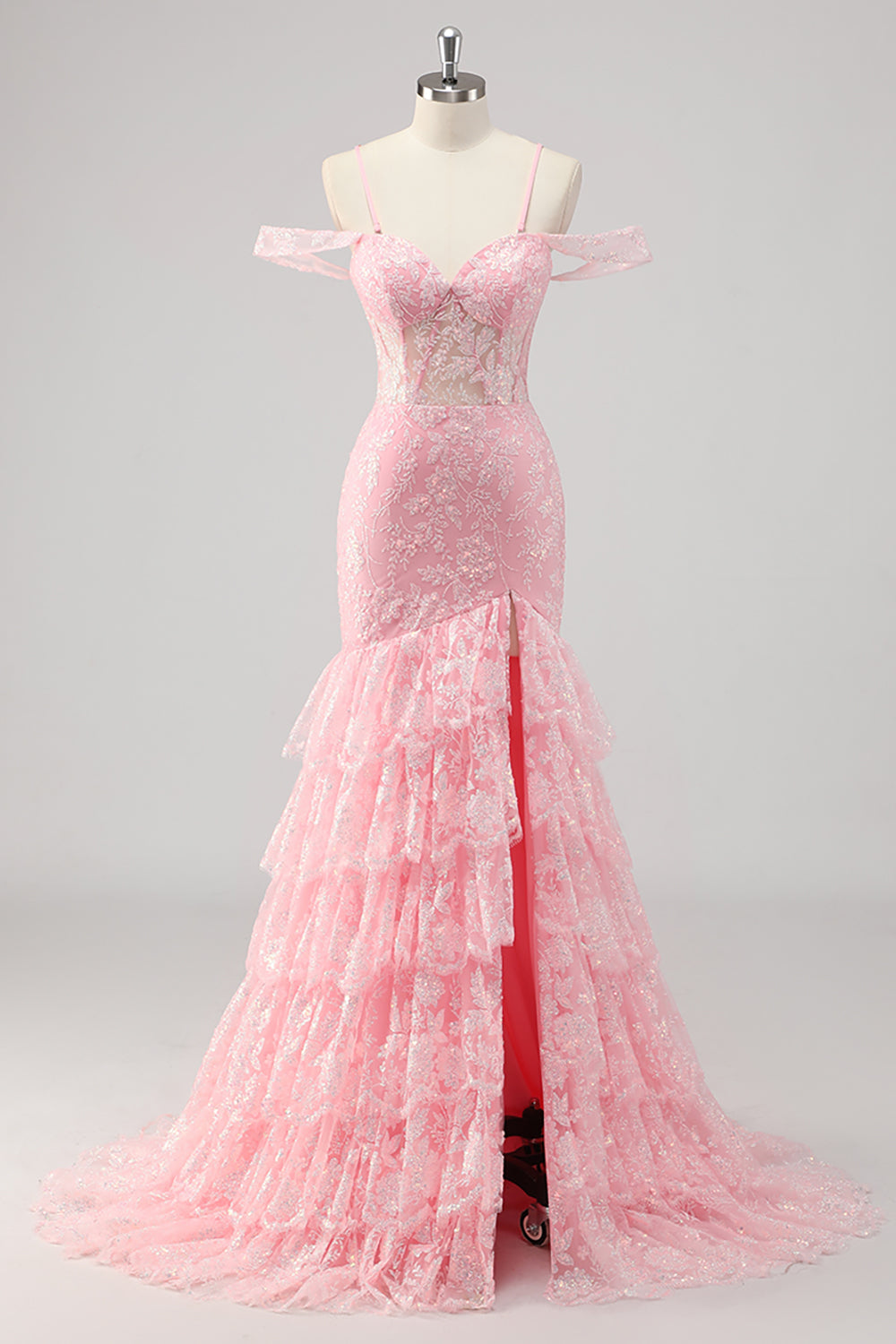 Sparkly Pink Corset Mermaid Cold Shoulder Long Formal Dress