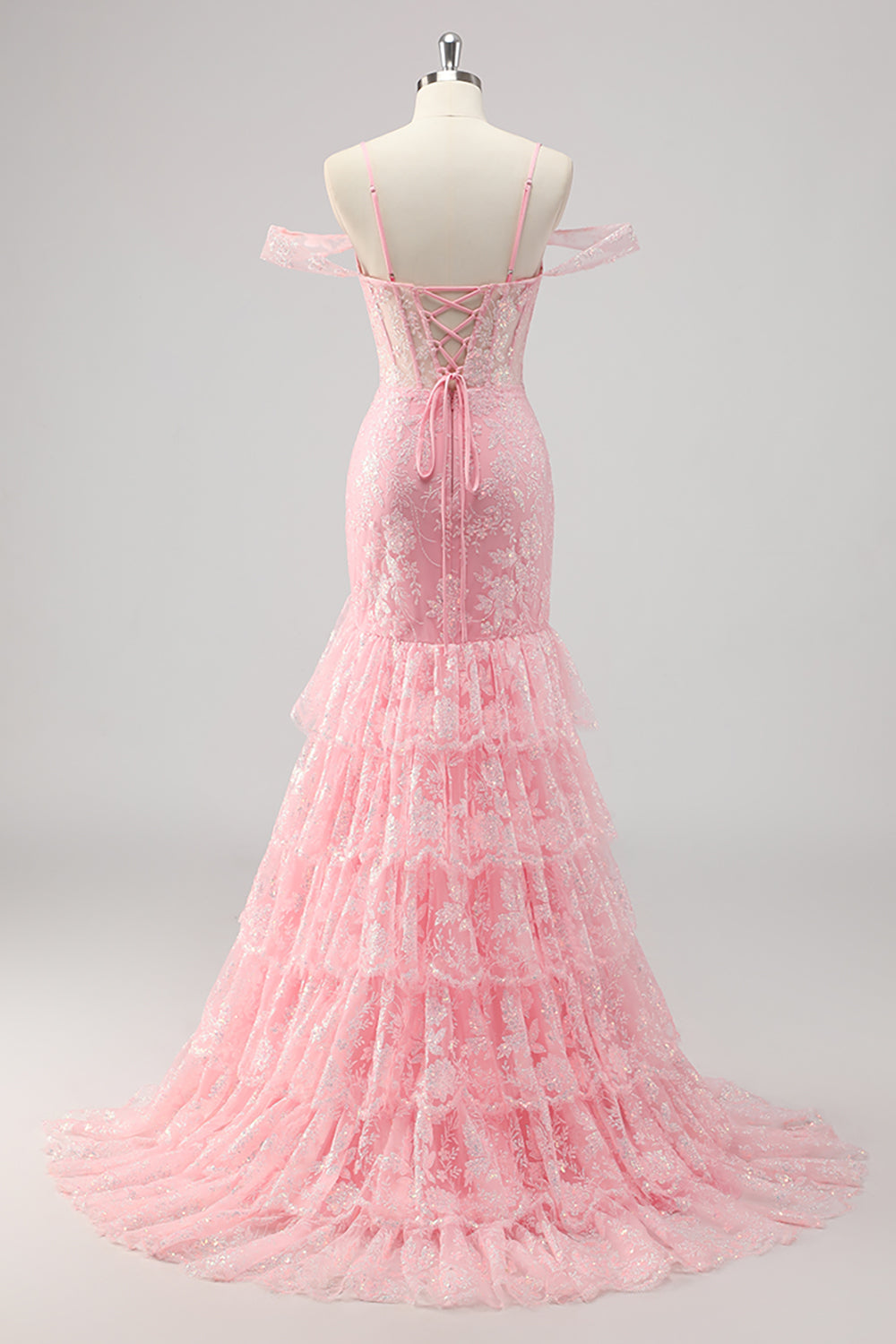 Sparkly Pink Corset Mermaid Cold Shoulder Long Formal Dress