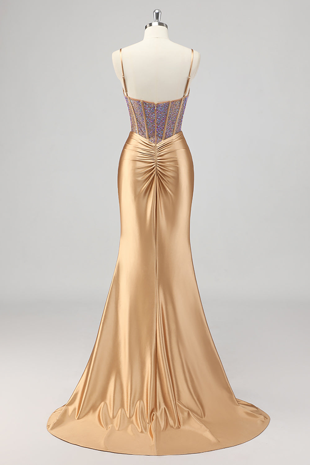 Sparkly Mermaid Corset Gold Long Formal Dress with Slit