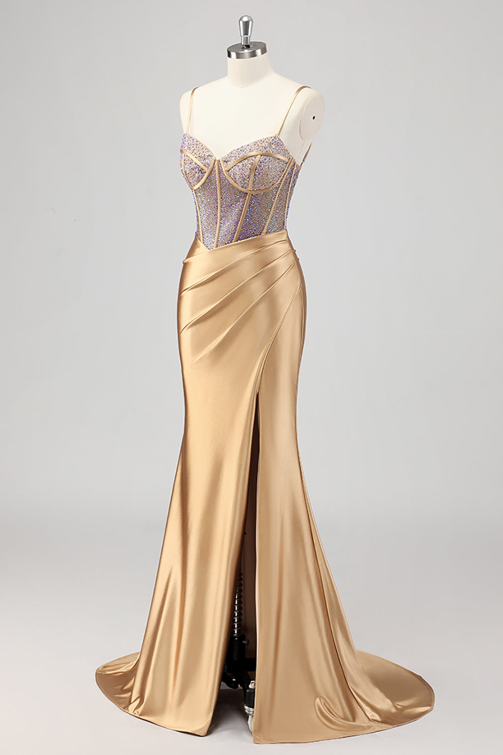 Sparkly Mermaid Corset Gold Long Formal Dress with Slit
