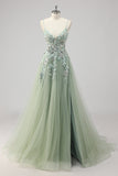 Sparkly Green Tulle A Line Appliqued Long Formal Dress with Slit