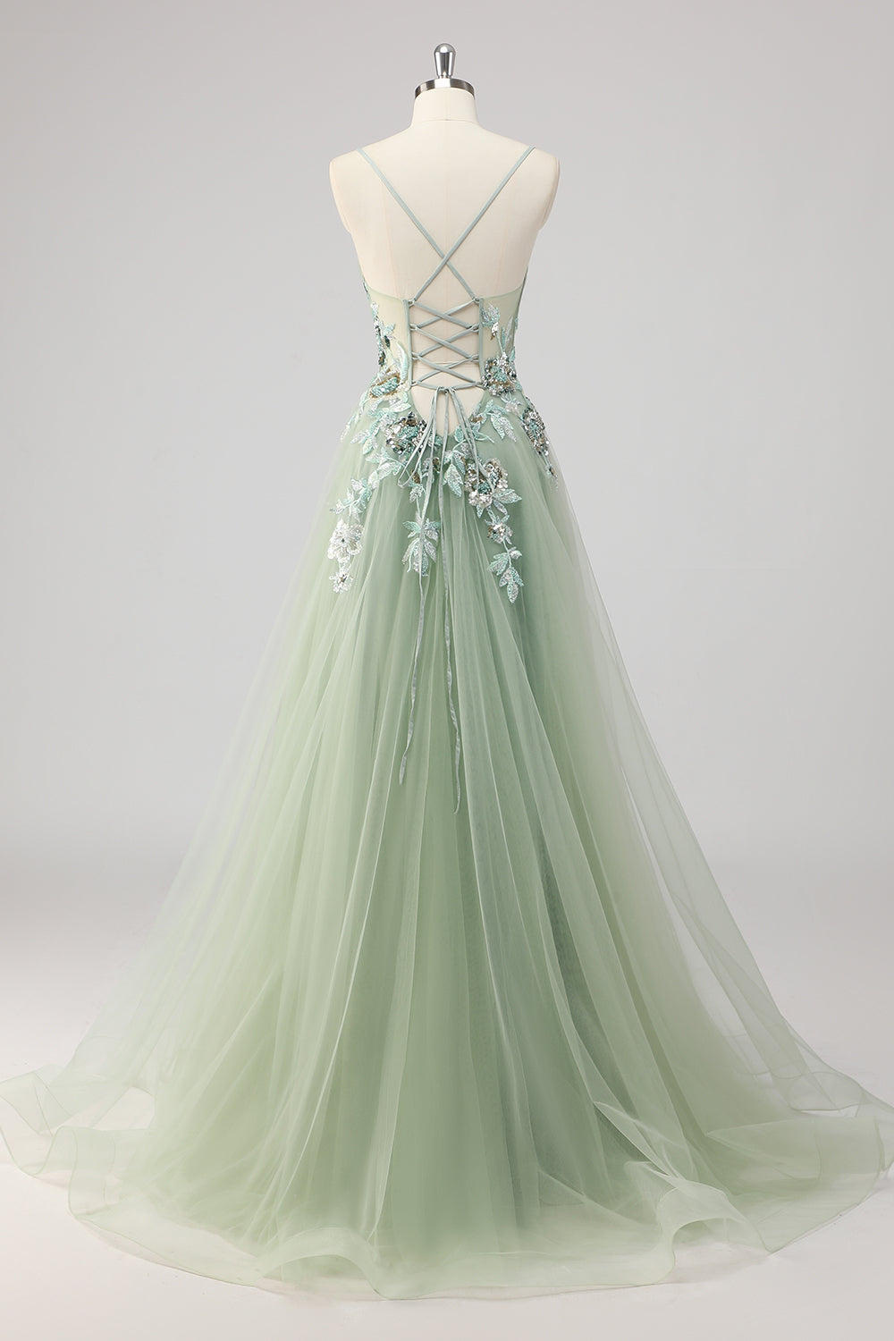 Sparkly Green Tulle A Line Appliqued Long Formal Dress with Slit