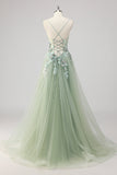 Sparkly Green Tulle A Line Appliqued Long Formal Dress with Slit