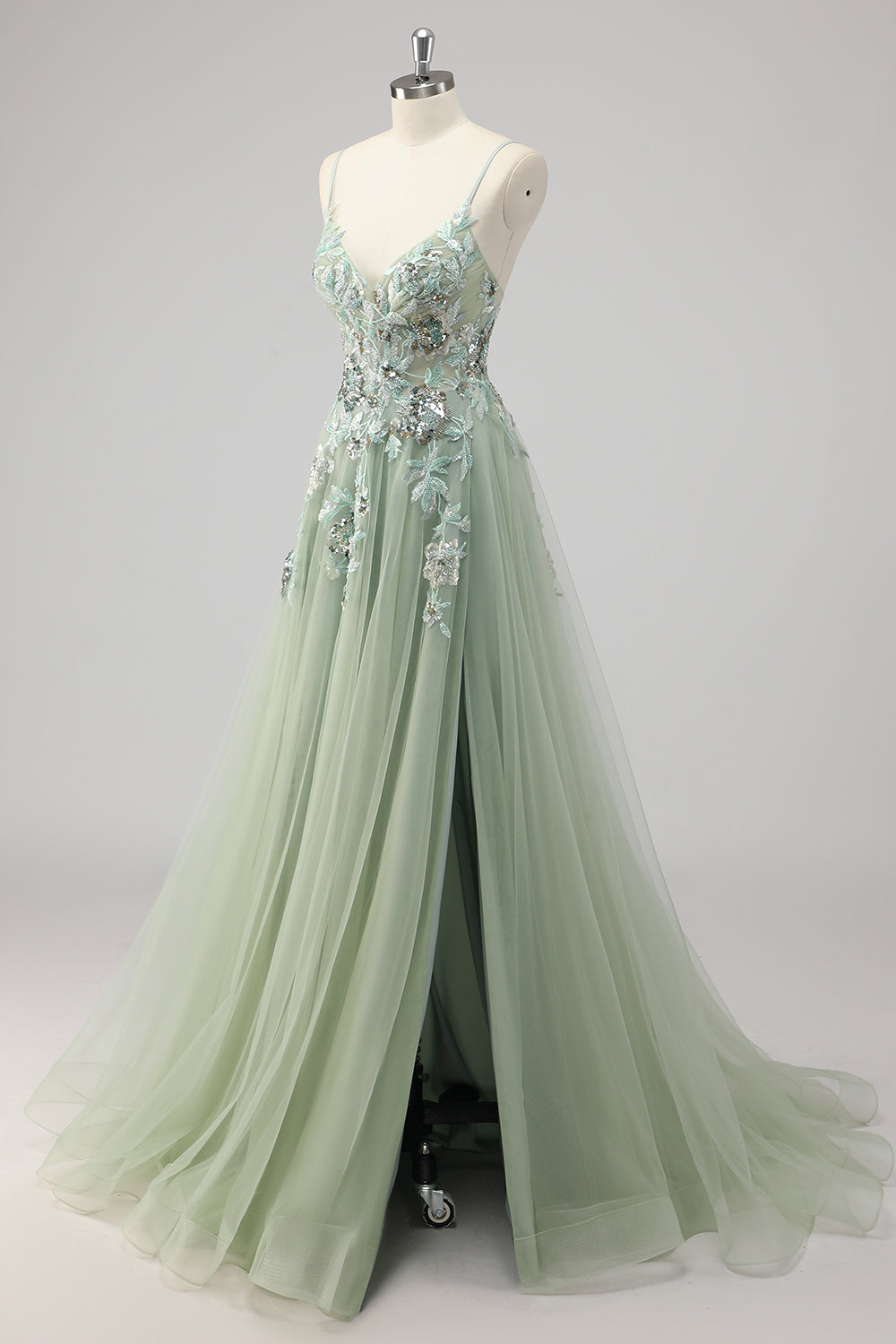 Sparkly Green Tulle A Line Appliqued Long Formal Dress with Slit