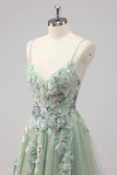 Sparkly Green Tulle A Line Appliqued Long Formal Dress with Slit