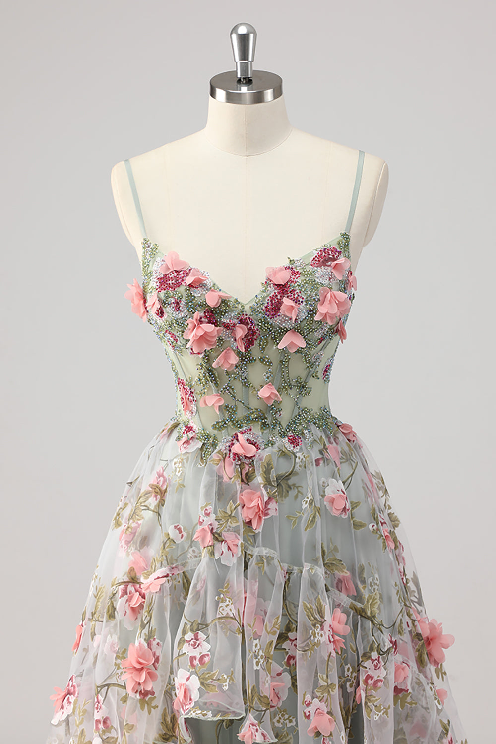 Sparkly A Line Grey Green Beaded Floral Corset Long Formal Dress