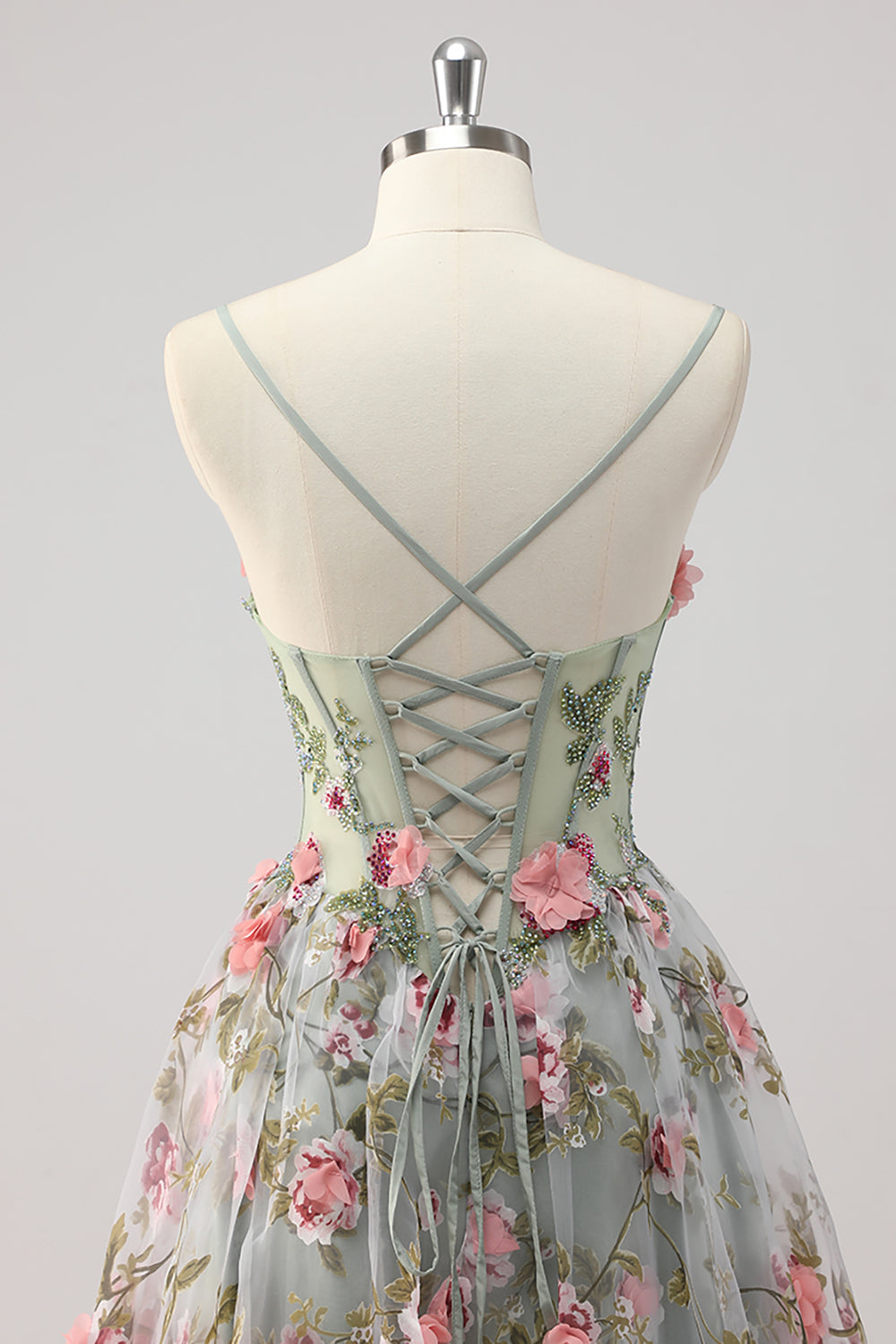 Sparkly A Line Grey Green Beaded Floral Corset Long Formal Dress
