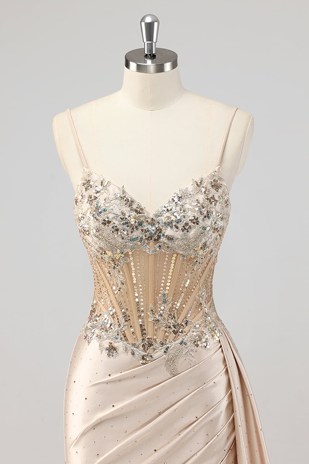 Sparkly Champagne Mermaid Corset Long Formal Dress with Sequins