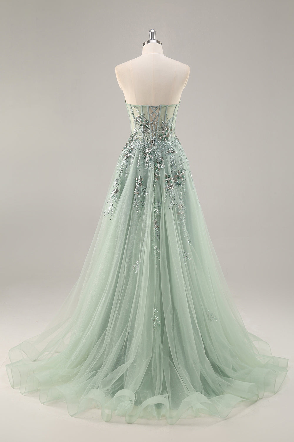 Sparkly Blue A Line Sequined Tulle Corset Long Formal Dress with Slit
