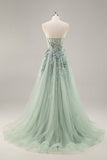 Sparkly Blue A Line Sequined Tulle Corset Long Formal Dress with Slit