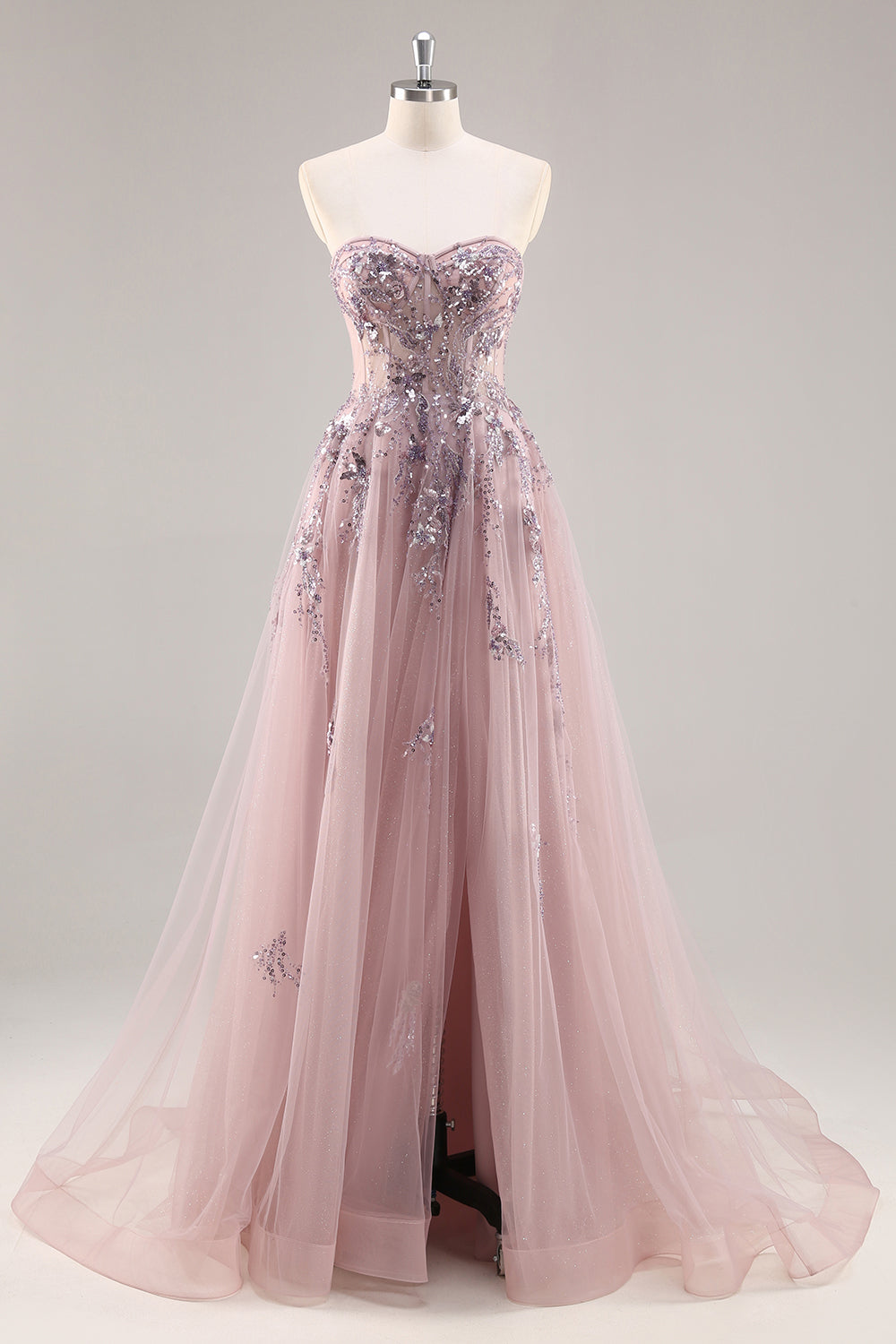 Sparkly Blue A Line Sequined Tulle Corset Long Formal Dress with Slit