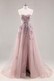 Sparkly Blue A Line Sequined Tulle Corset Long Formal Dress with Slit