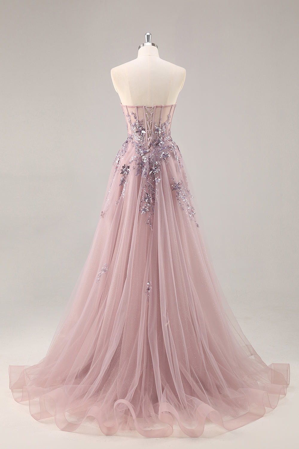 Sparkly Blue A Line Sequined Tulle Corset Long Formal Dress with Slit